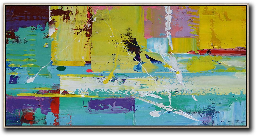 Large Abstract Painting,Horizontal Palette Knife Contemporary Art Panoramic Canvas Painting,Extra Large Paintings,Yellow,Pink,White,Blue,Purple.etc